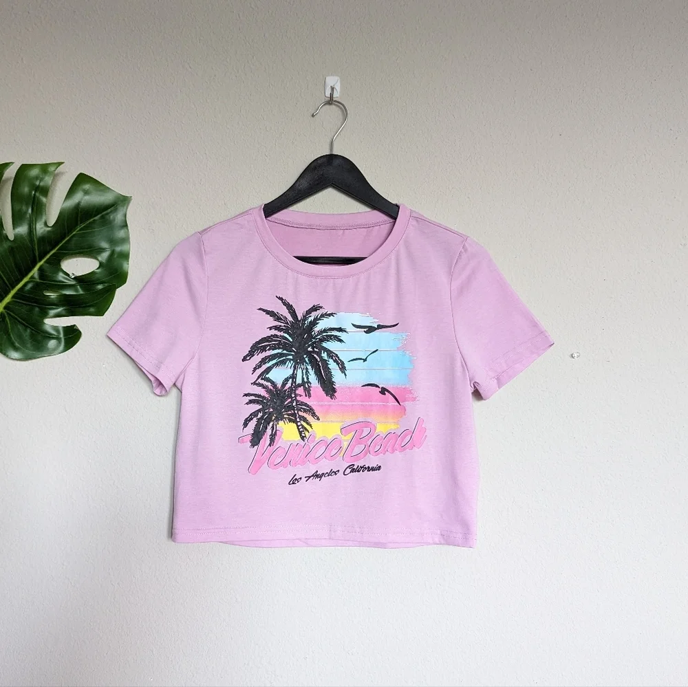 Venice Beach pastel purple pink yellow and blue graphic cropped tee size L - Picture 7 of 8